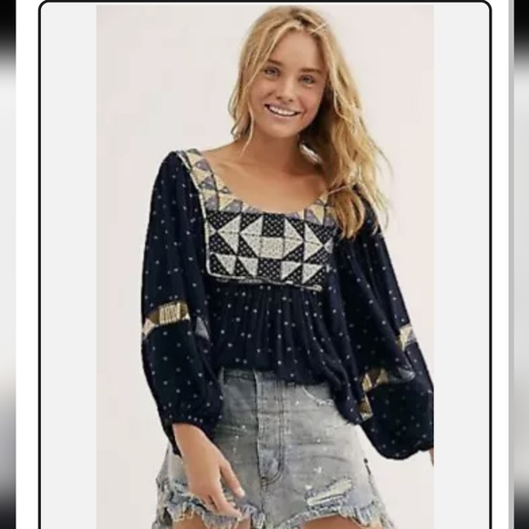 EUC S Free People Blouse Balloon Sleeves Patchwork Boho - Picture 1 of 4